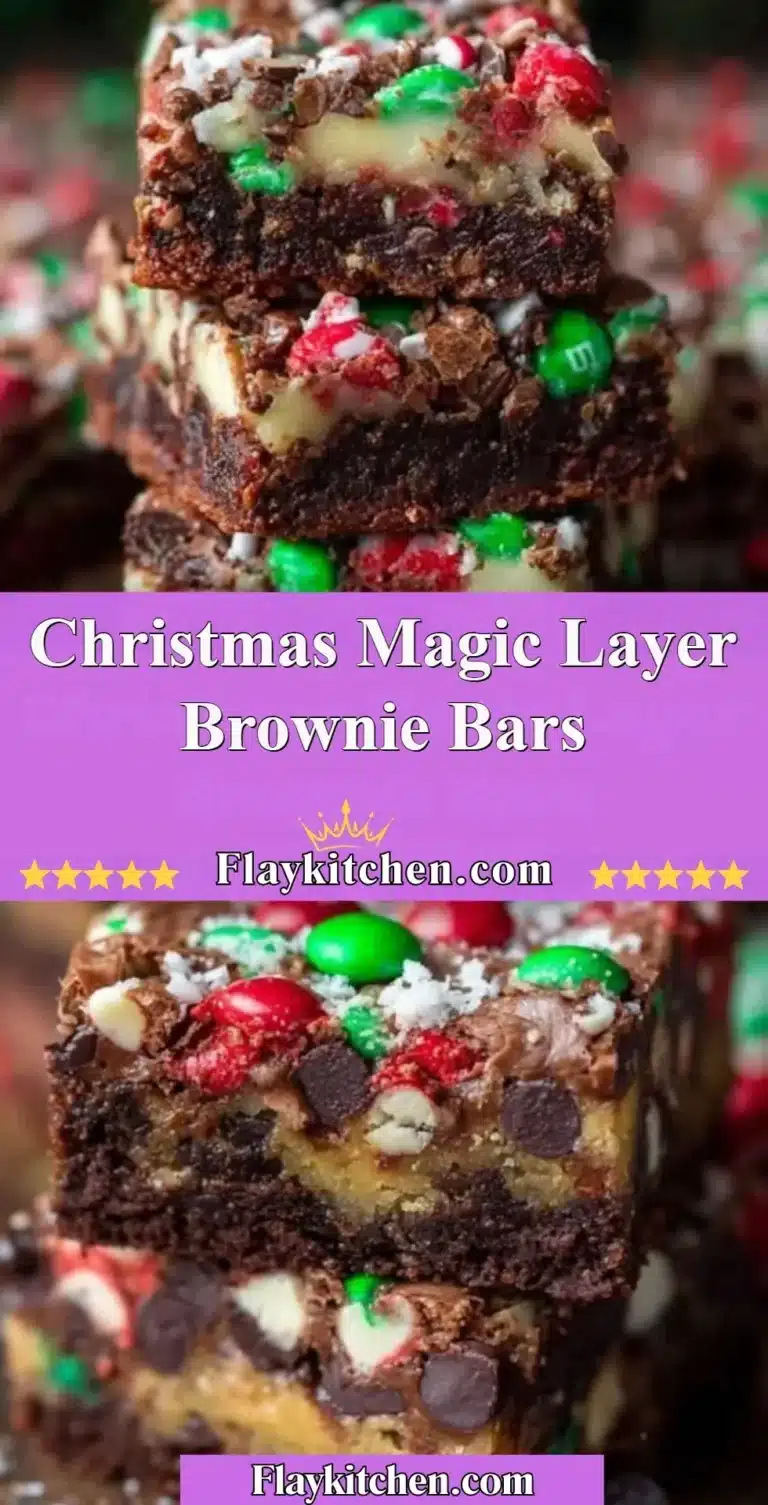 Festive Christmas Magic Layer Brownie Bars topped with layers of chocolate goodness.