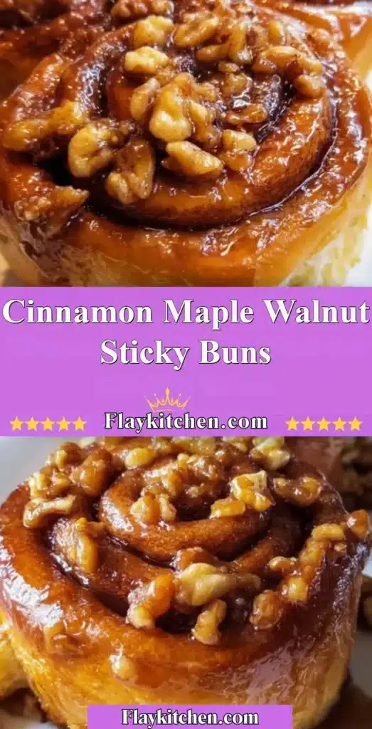 Delicious cinnamon maple walnut sticky buns freshly baked and drizzled with glaze
