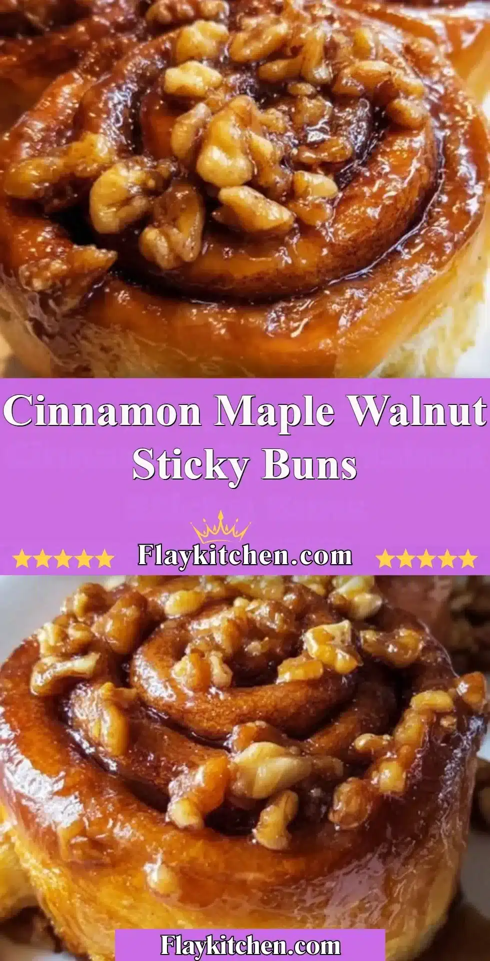 Delicious cinnamon maple walnut sticky buns freshly baked and drizzled with glaze