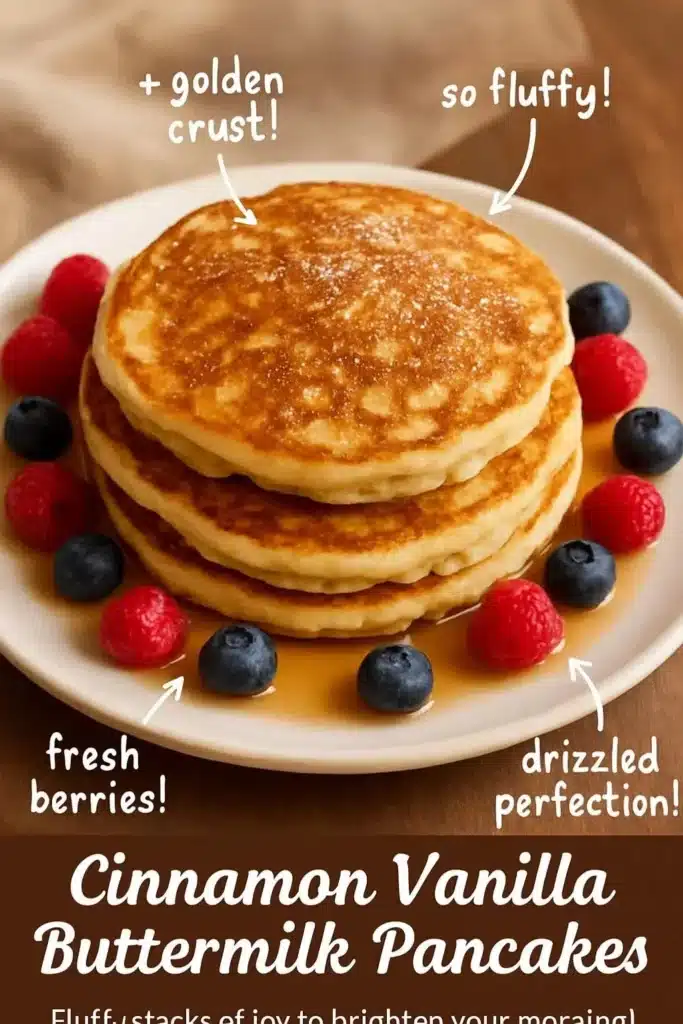 Fluffy cinnamon vanilla buttermilk pancakes stacked on a plate