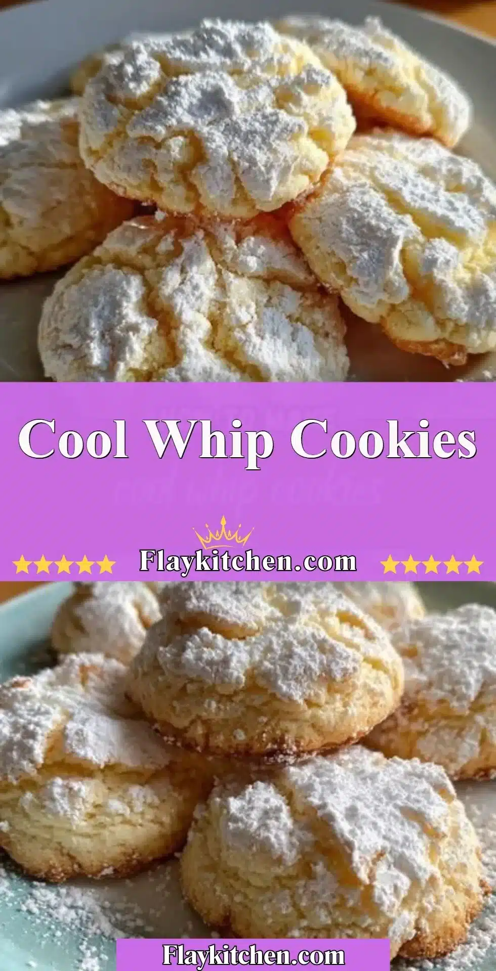 Plate of freshly baked Cool Whip Cookies with a light dusting of powdered sugar