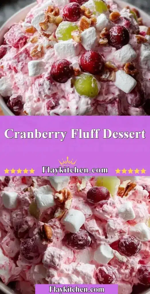 Delicious Cranberry Fluff dessert topped with cranberries and whipped cream