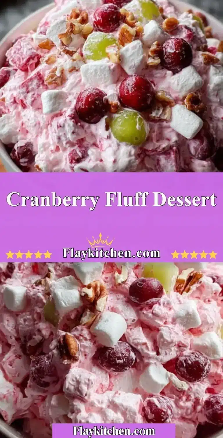 Delicious Cranberry Fluff dessert topped with cranberries and whipped cream