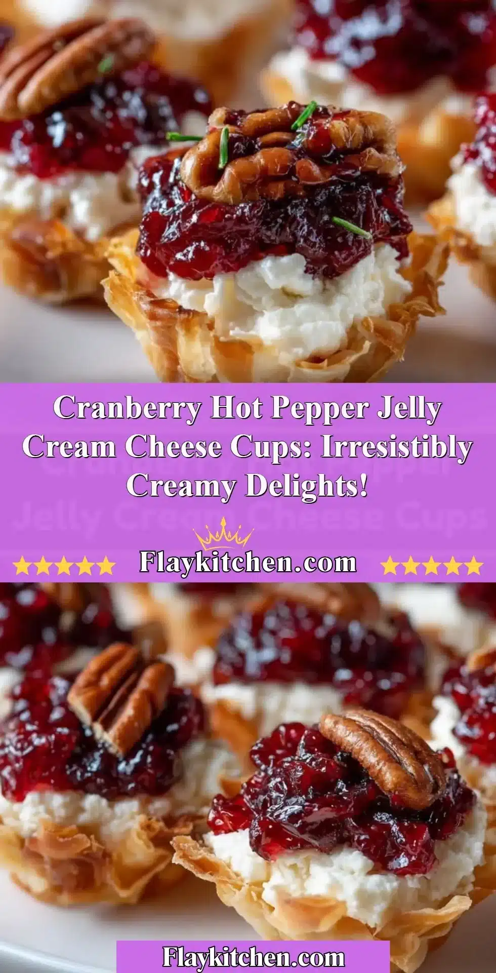 Cranberry hot pepper jelly cream cheese cups served on a platter