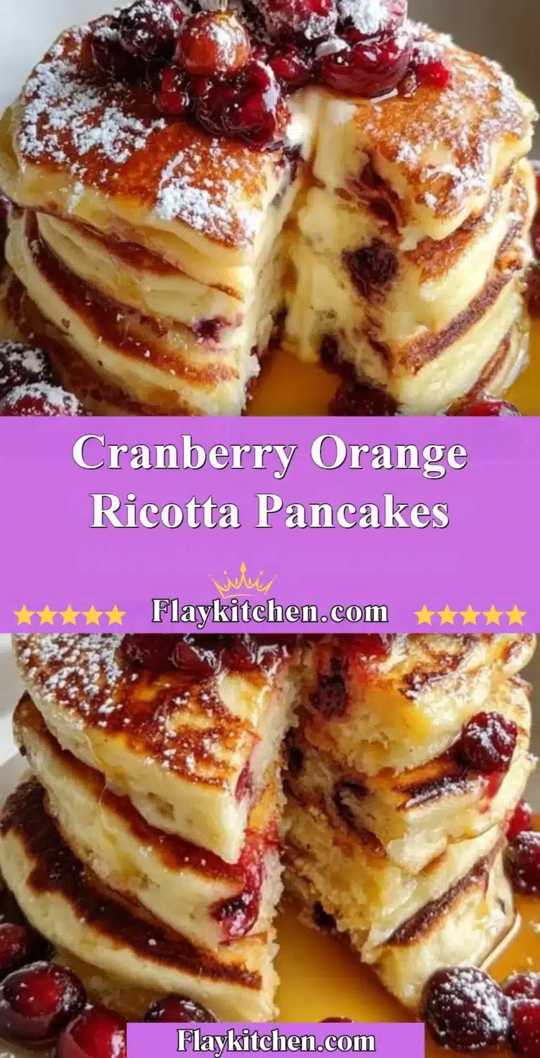 Fluffy cranberry orange ricotta pancakes served on a plate with syrup