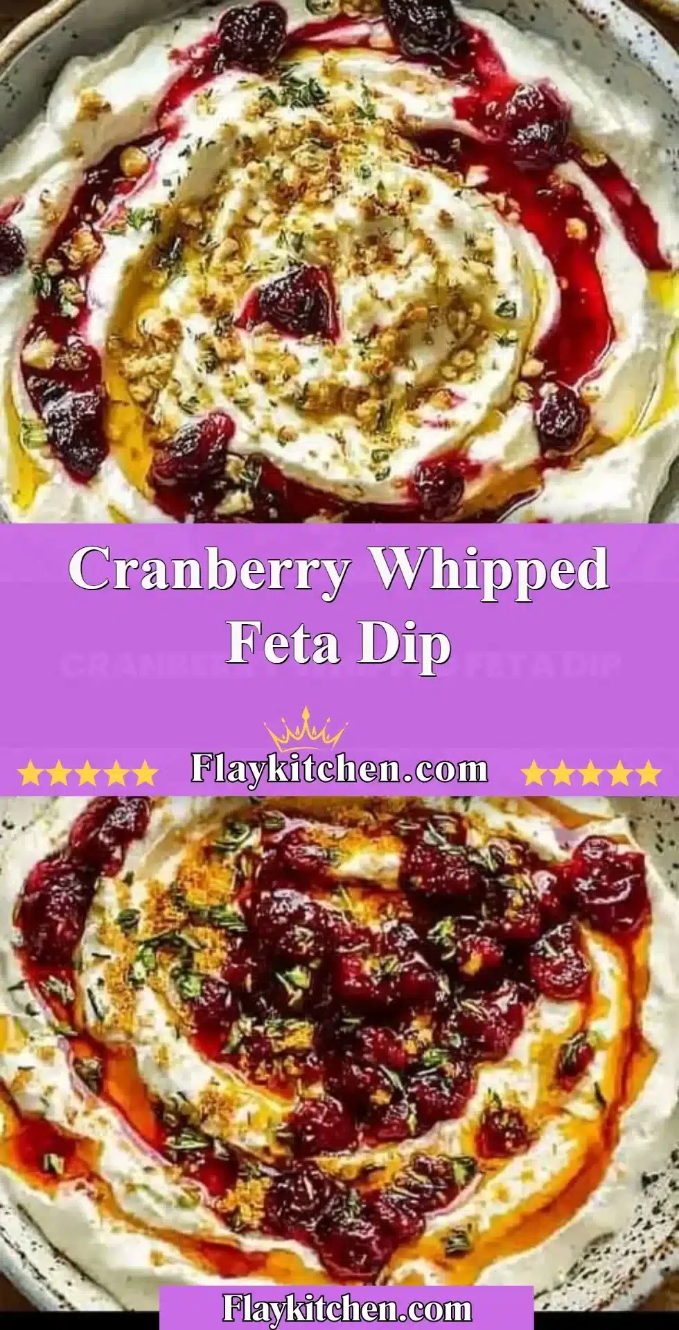 Creamy and tangy cranberry whipped feta dip served in a bowl with crackers.