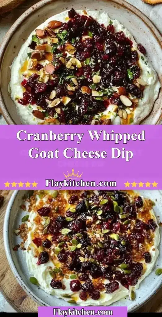 Cranberry whipped goat cheese dip served in a bowl with crackers and herbs