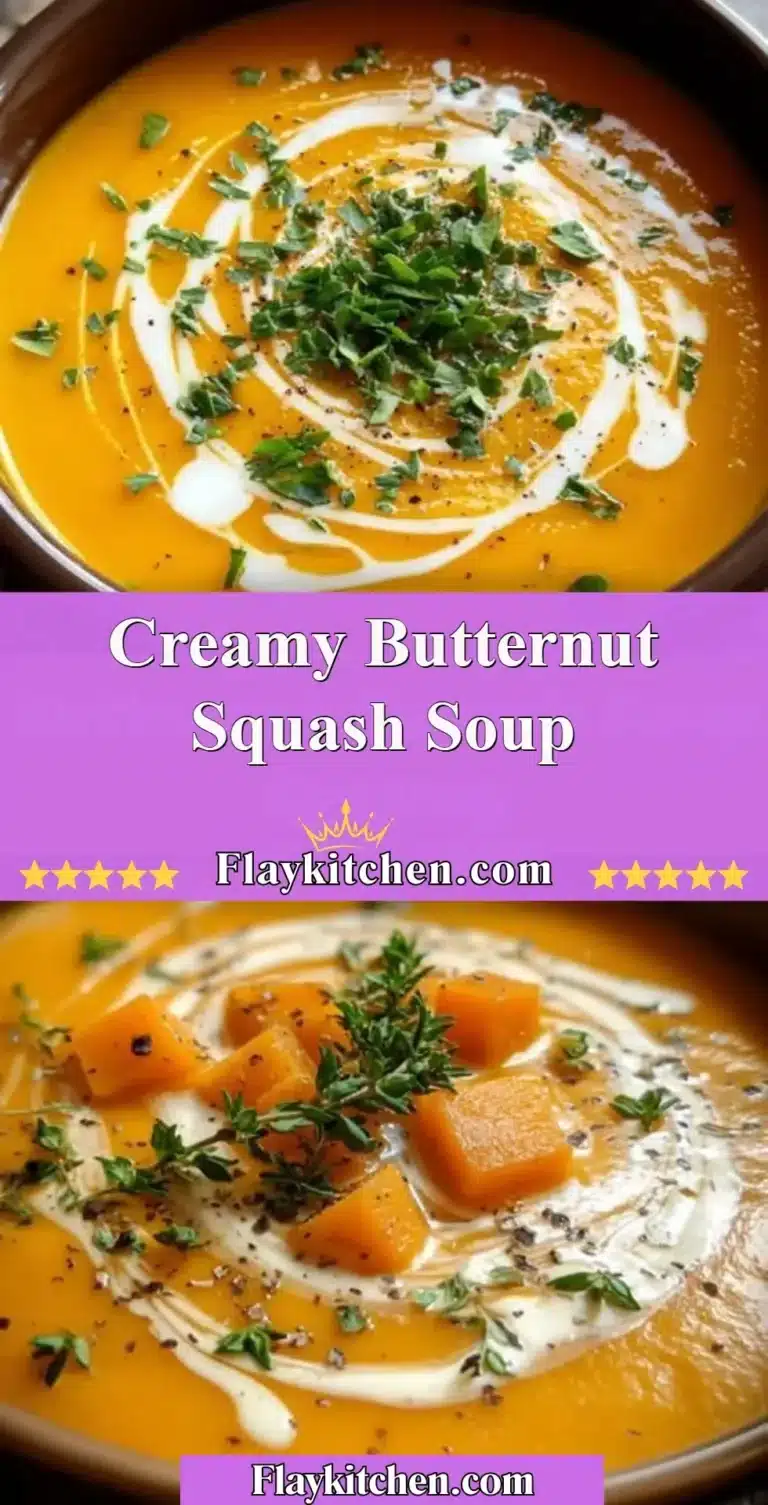 Bowl of creamy butternut squash soup garnished with herbs and spices