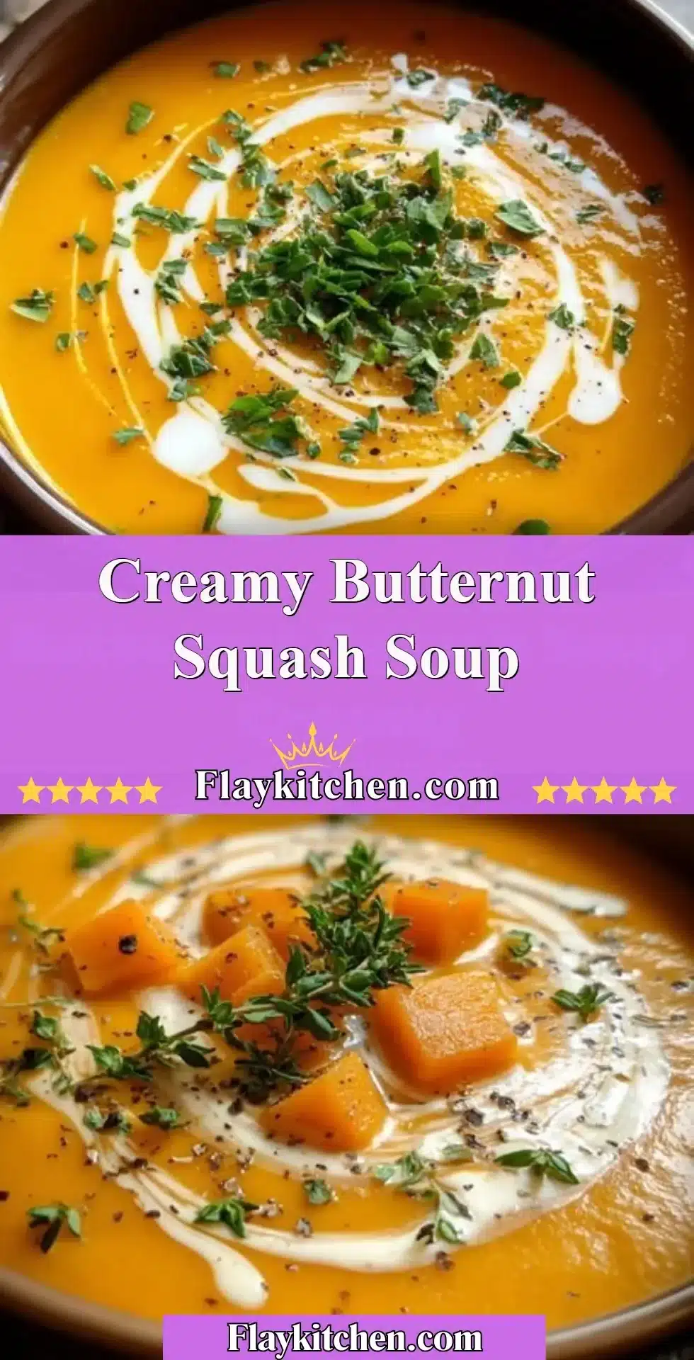 Bowl of creamy butternut squash soup garnished with herbs and spices