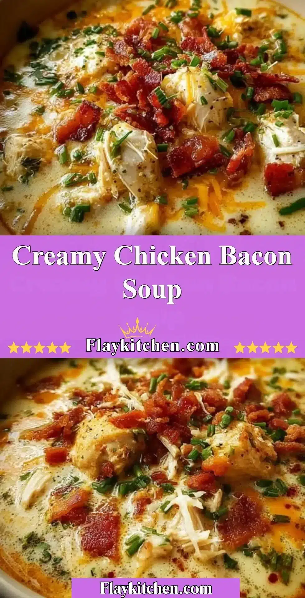 Bowl of creamy chicken bacon soup garnished with herbs and crispy bacon