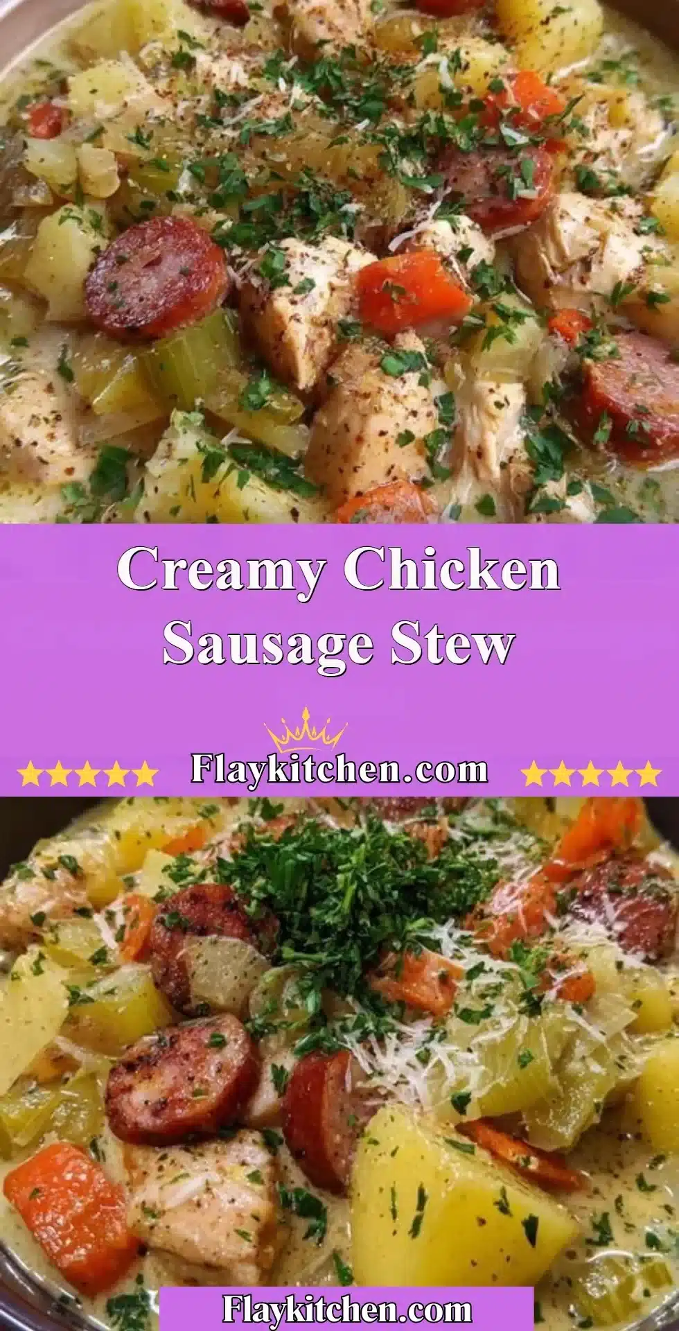 Delicious creamy chicken sausage stew in a bowl, garnished with herbs