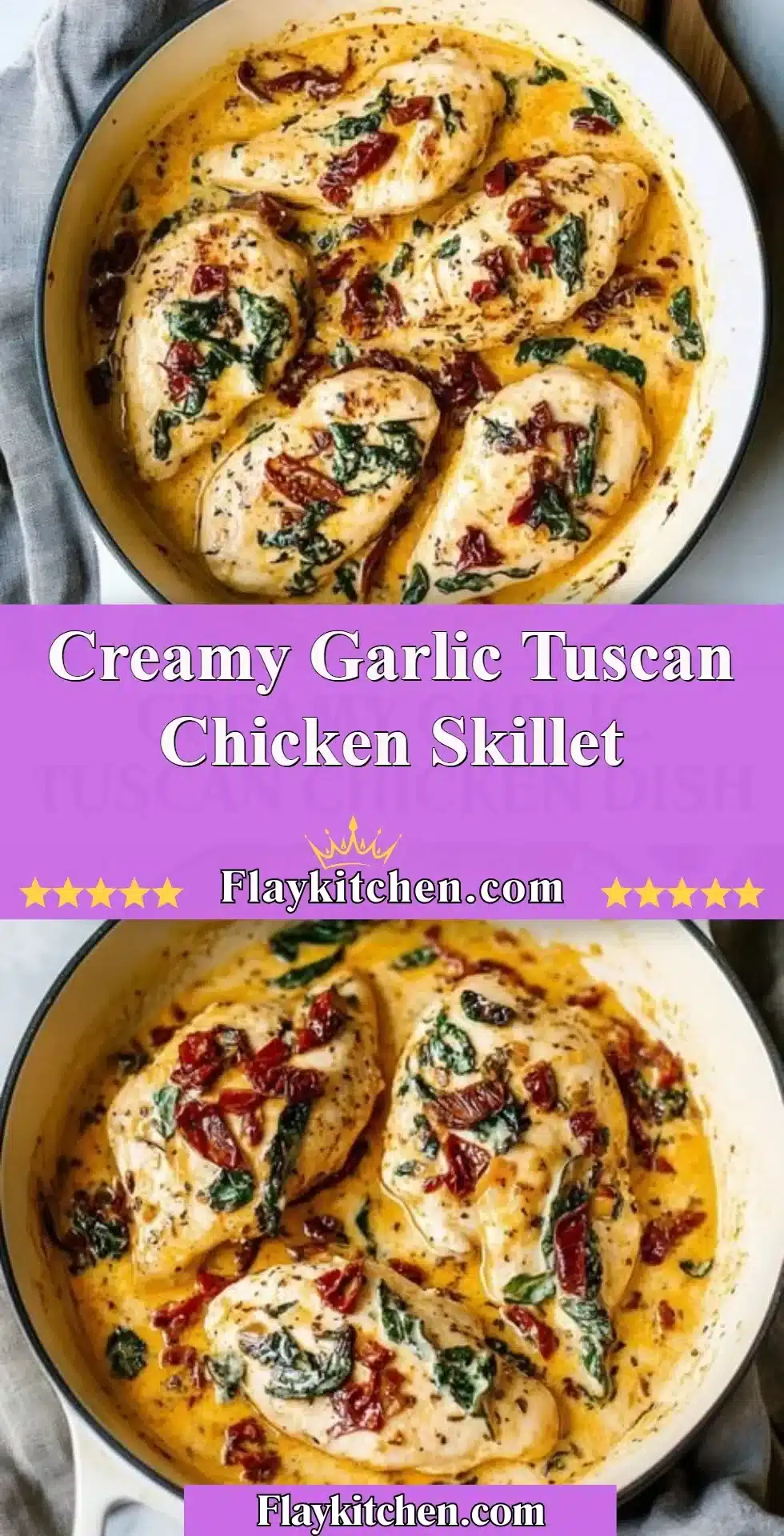 Creamy garlic Tuscan chicken skillet garnished with herbs and vegetables