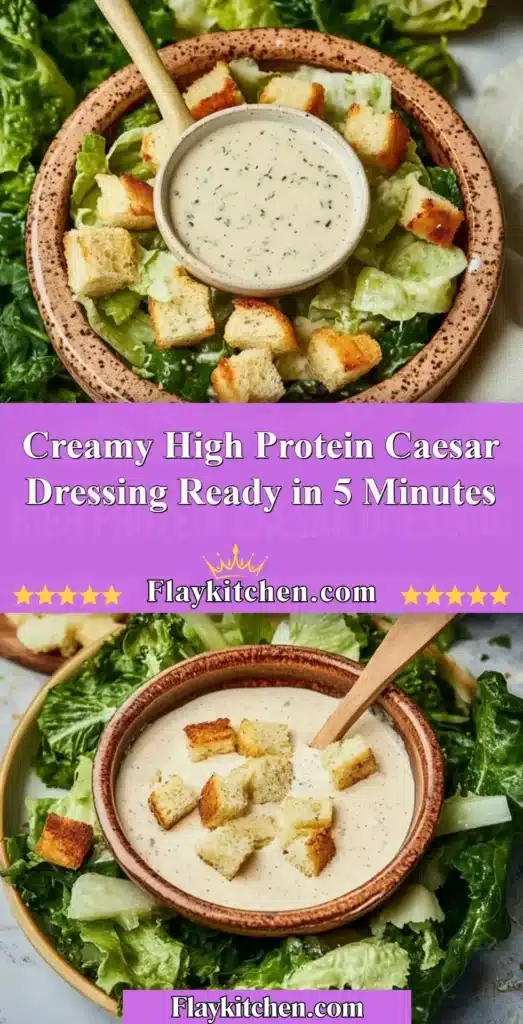 Creamy high protein Caesar dressing in a bowl with salad ingredients.