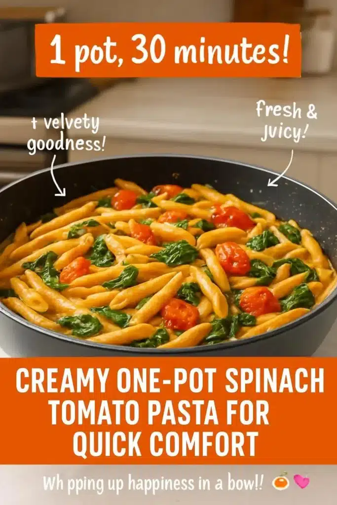 Creamy one-pot spinach tomato pasta served in a bowl with fresh basil