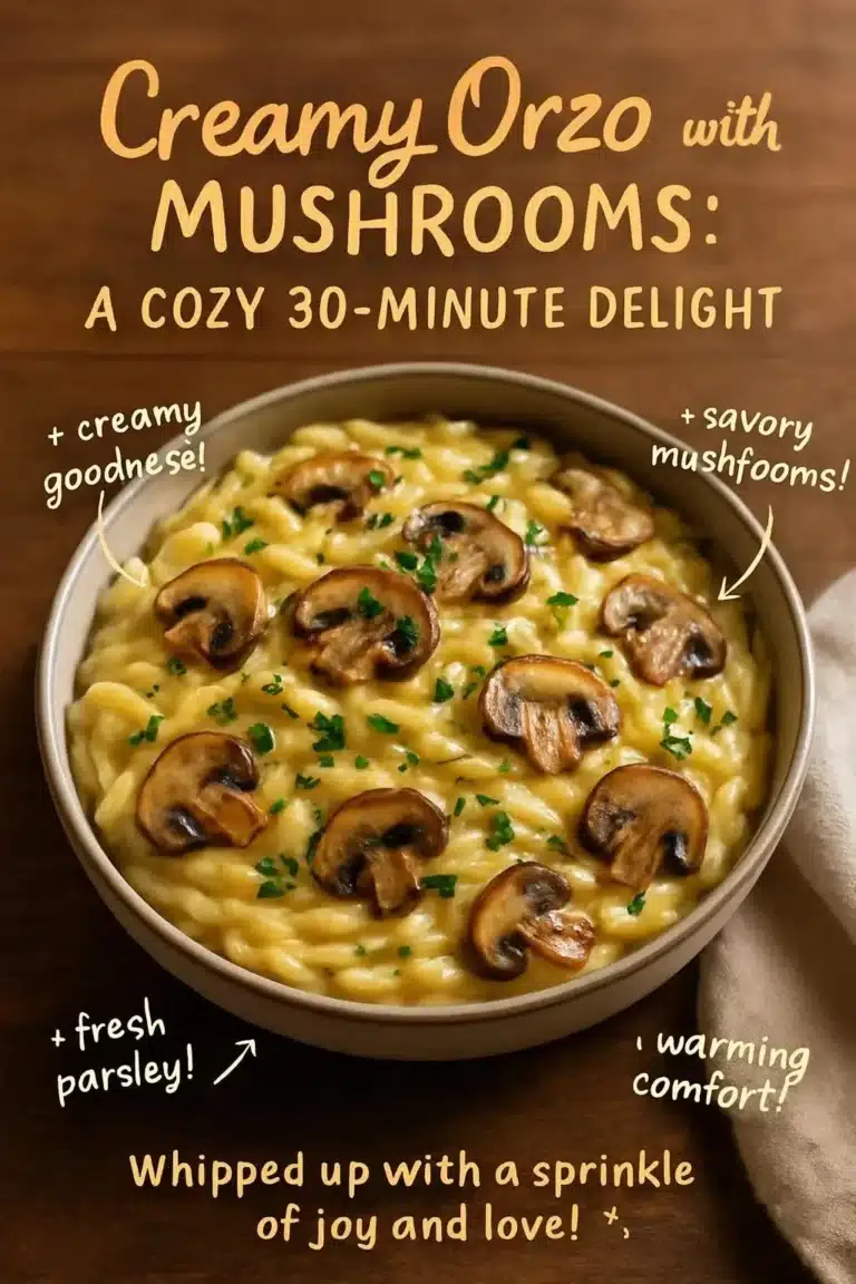 Creamy orzo dish with mushrooms garnished for a cozy meal