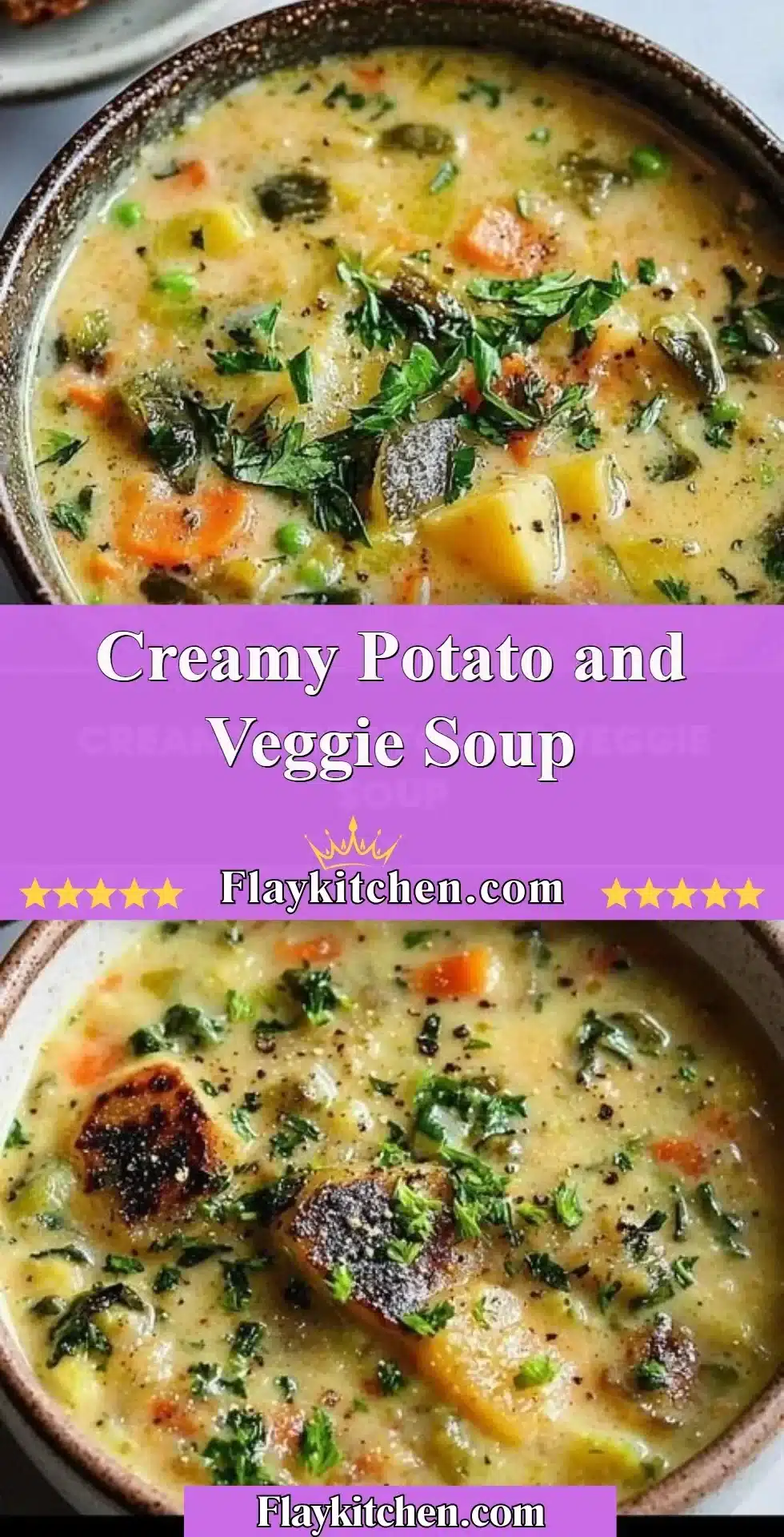 Bowl of creamy potato and veggie soup topped with fresh herbs