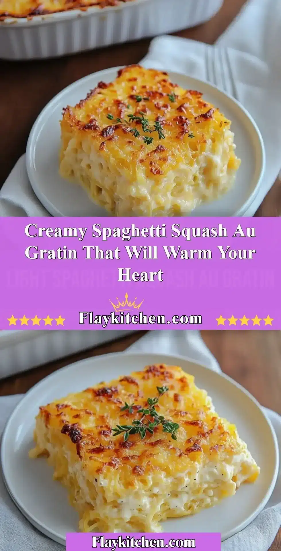 Creamy spaghetti squash au gratin baked with cheese and herbs