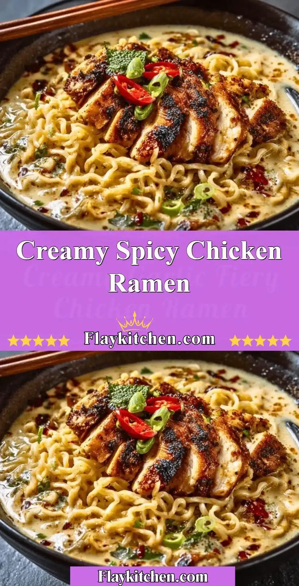 Bowl of creamy spicy chicken ramen garnished with fresh herbs and chili flakes