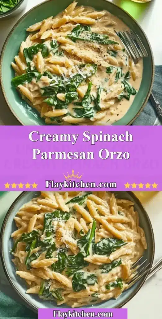 Creamy spinach parmesan orzo dish garnished with fresh herbs.