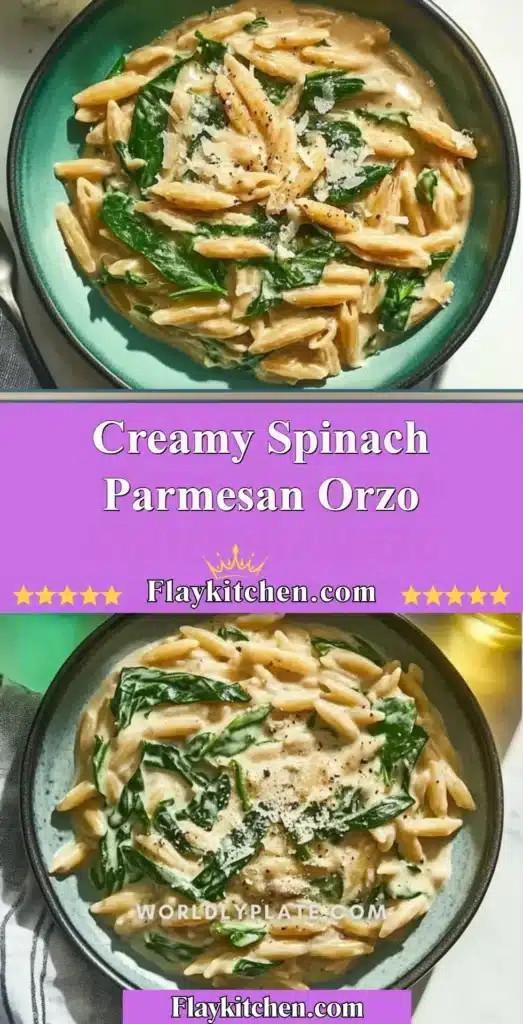 Creamy Spinach Parmesan Orzo served in a bowl with fresh spinach and Parmesan cheese