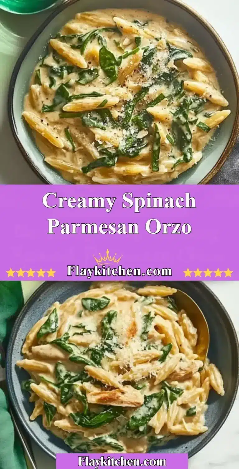 Creamy spinach parmesan orzo dish garnished with fresh herbs