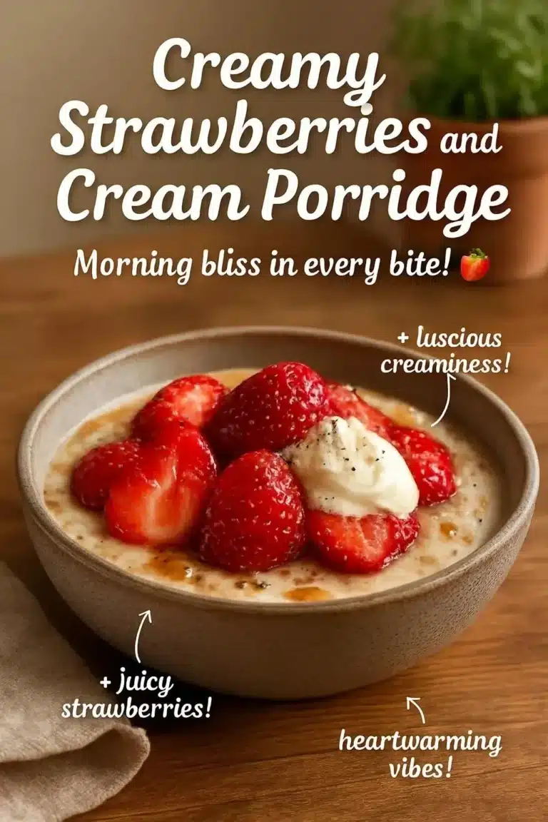 Bowl of creamy strawberries and cream porridge topped with fresh strawberries