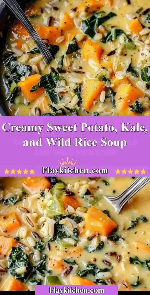 Creamy sweet potato, kale, and wild rice soup in a white bowl garnished with herbs
