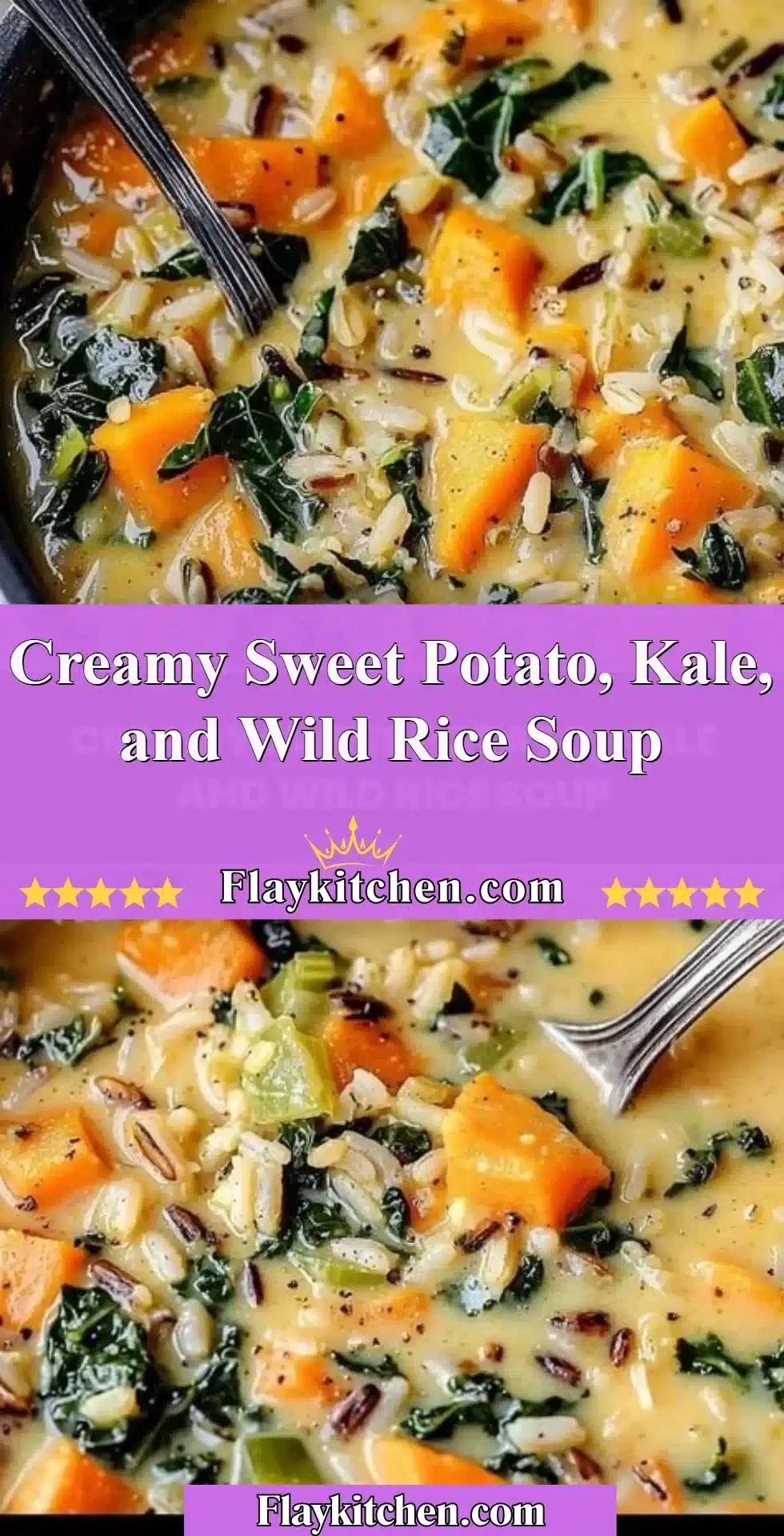 Creamy sweet potato, kale, and wild rice soup in a white bowl garnished with herbs