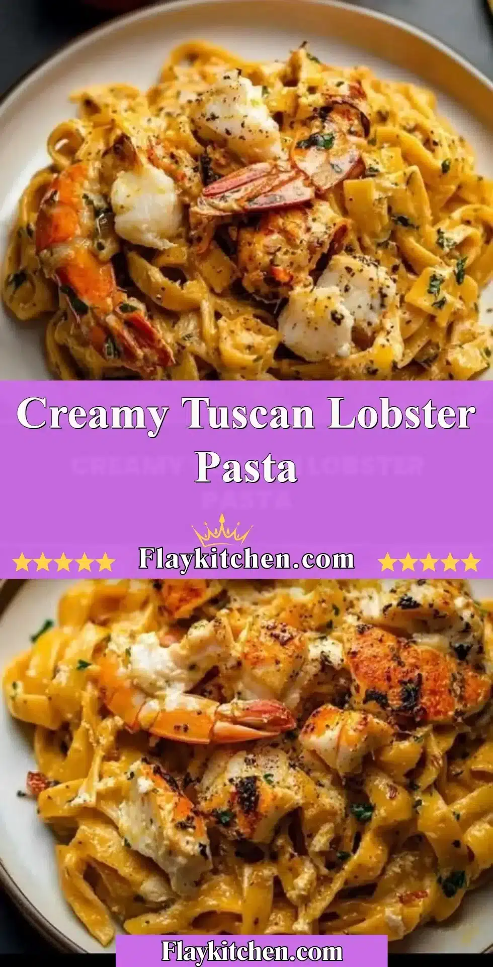 Creamy Tuscan lobster pasta garnished with herbs and served in a bowl
