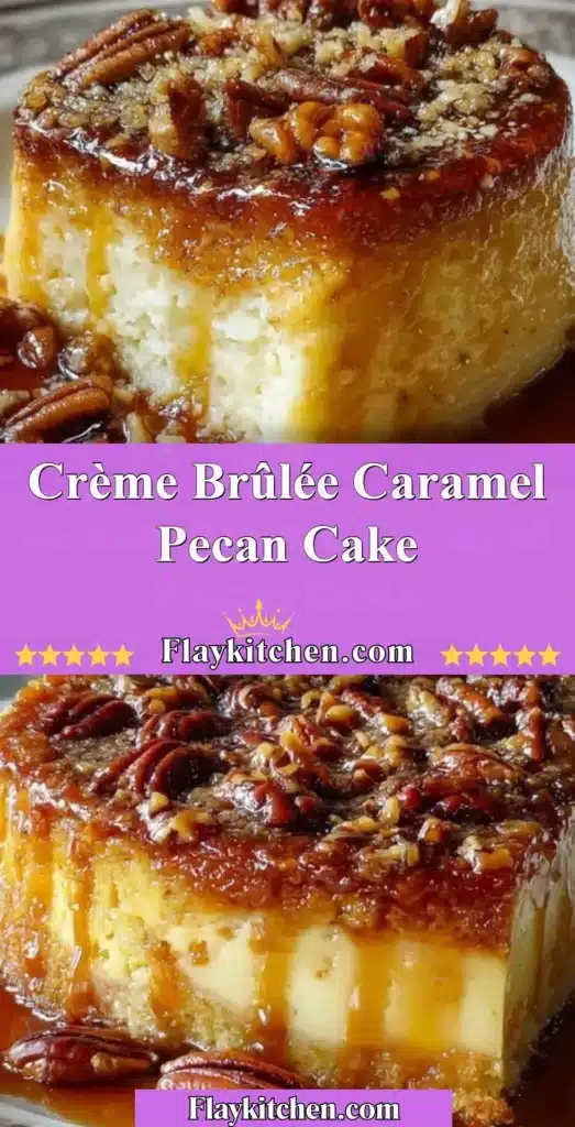 Slices of Crème Brûlée Caramel Pecan Cake with caramel drizzle on top