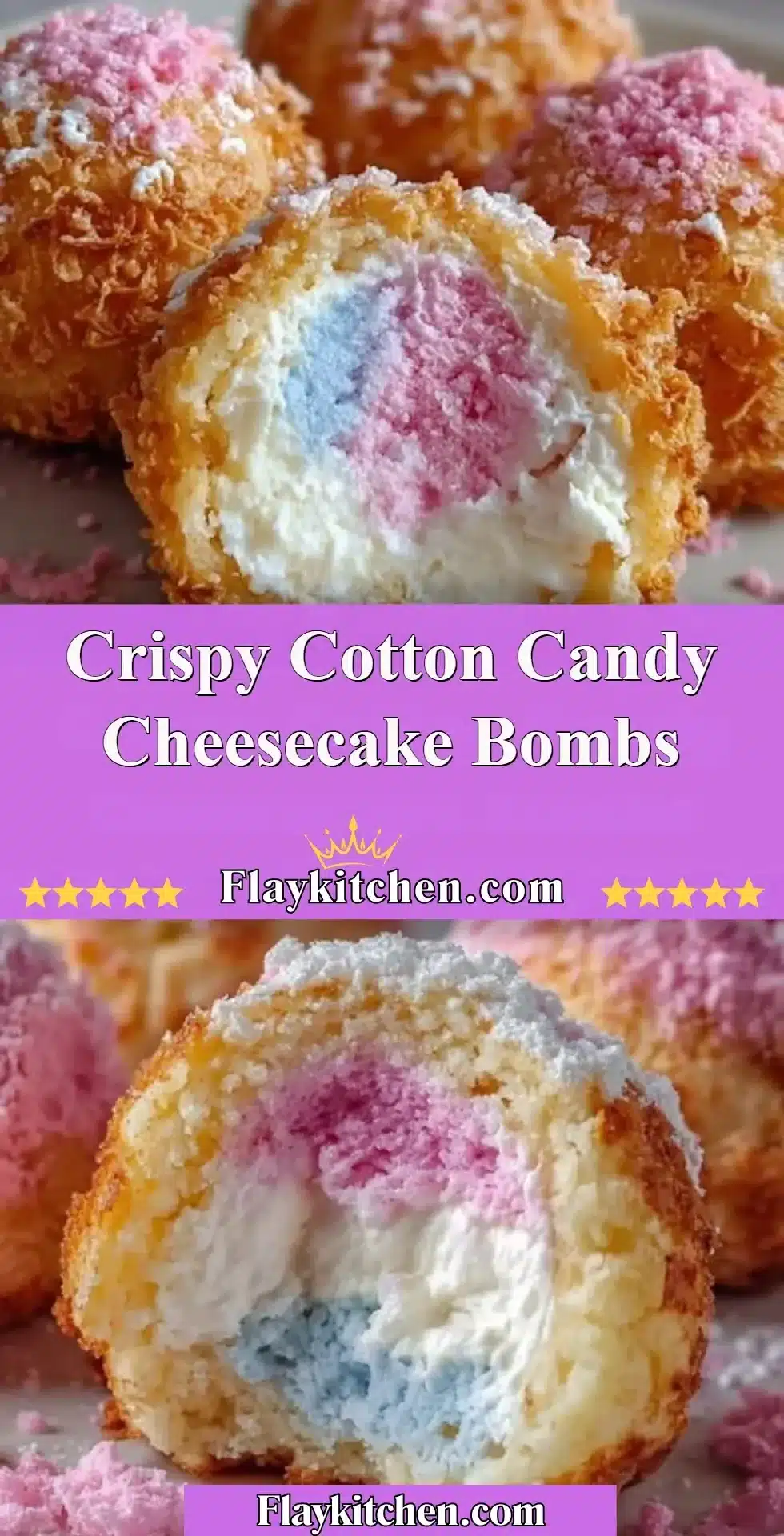 Crispy Cotton Candy Cheesecake Bombs served on a plate, a delicious dessert.