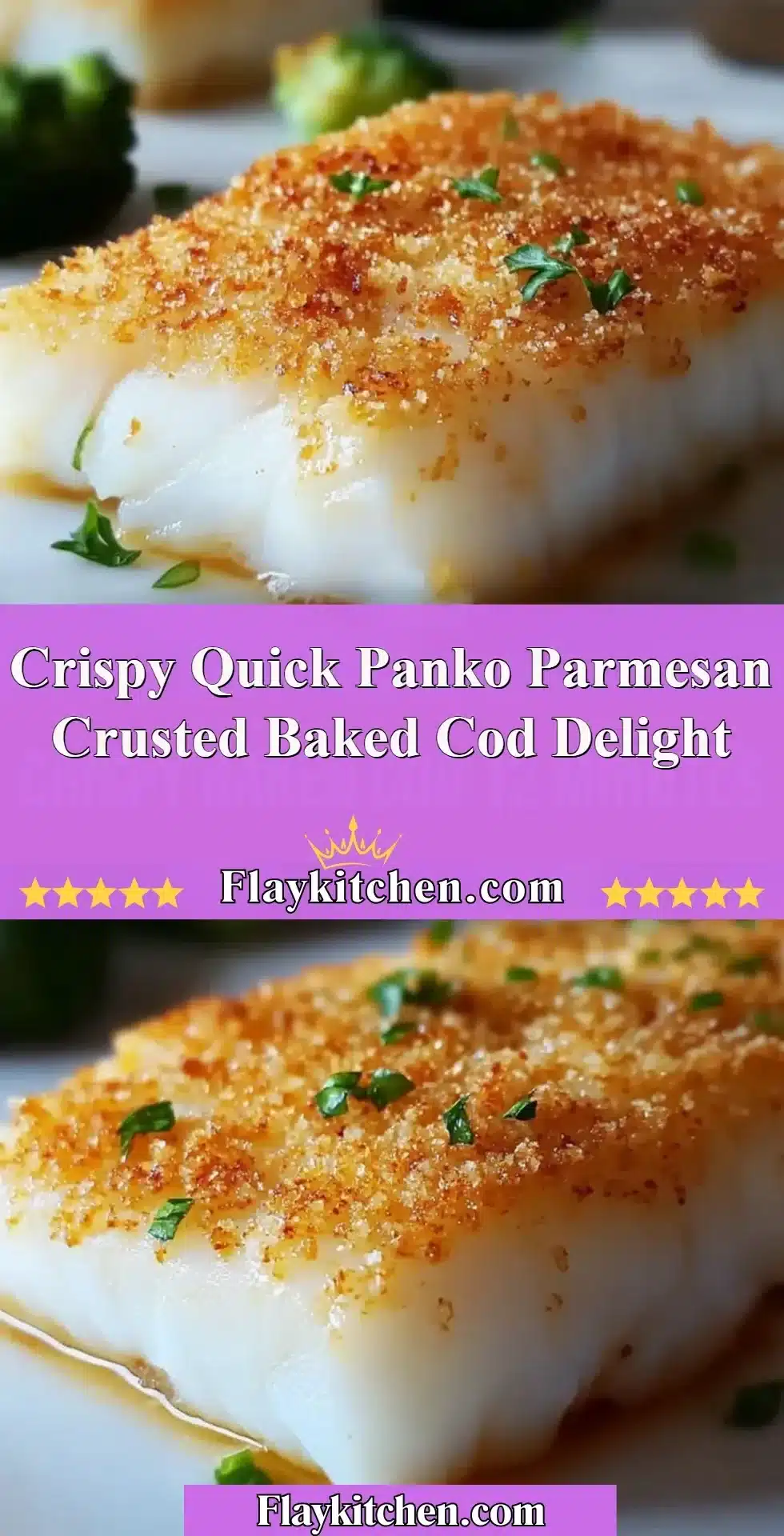 Crispy panko parmesan crusted baked cod served on a plate