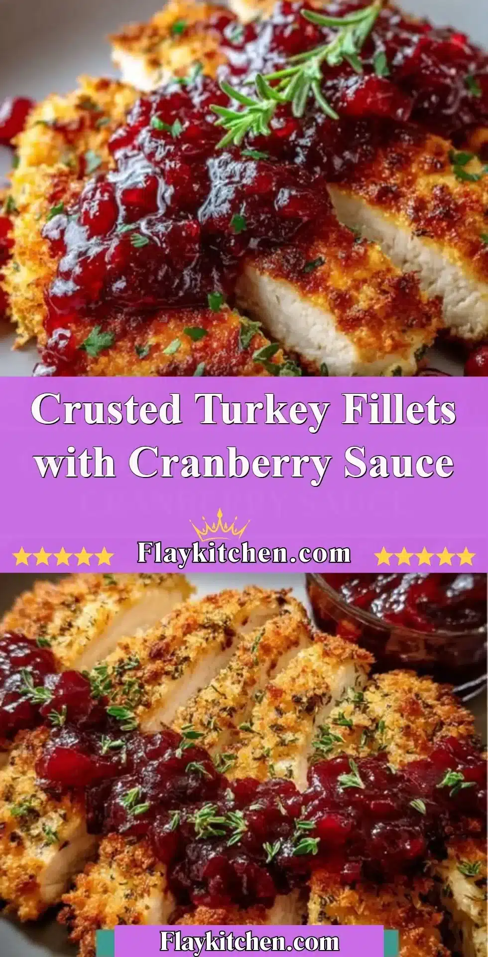 Crusted turkey fillets plated with cranberry sauce for a delicious meal