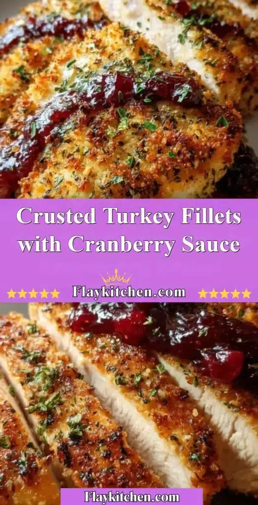 Crusted turkey fillets served with cranberry sauce on a plate.