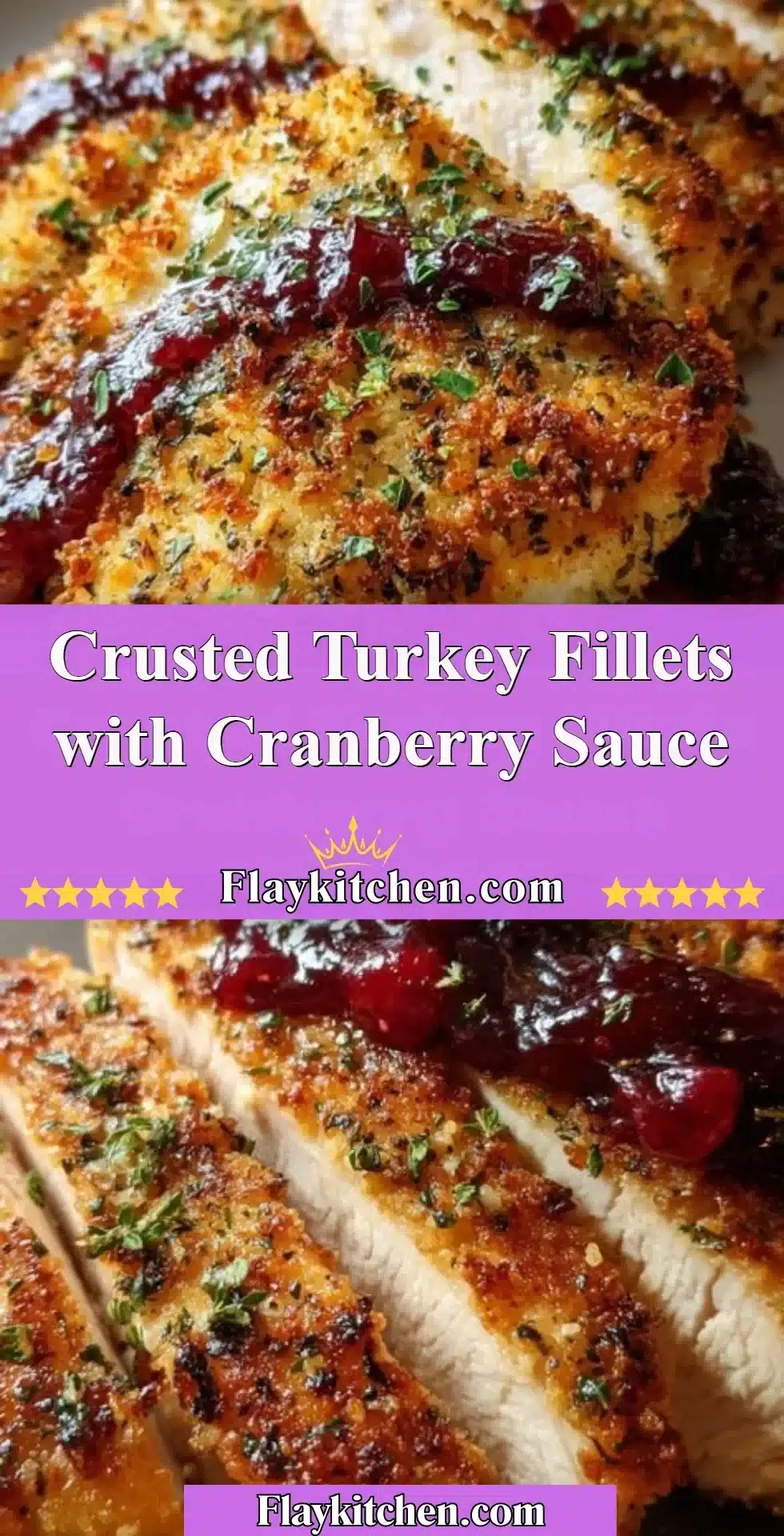 Crusted turkey fillets served with cranberry sauce on a plate.