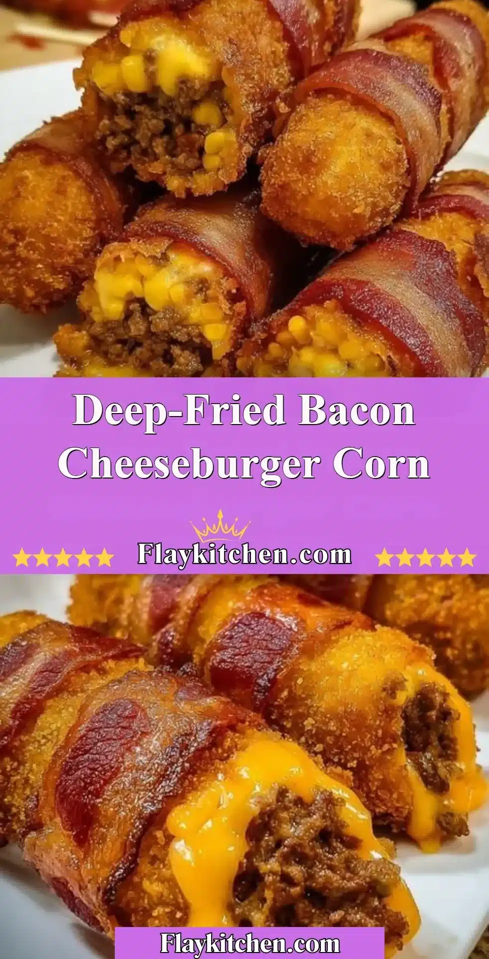 Deep-fried bacon cheeseburger corn snack on a plate