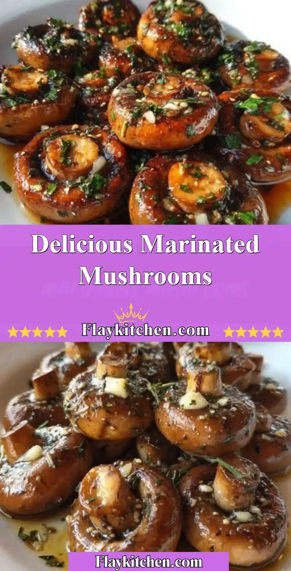 Plate of delicious marinated mushrooms garnished with herbs