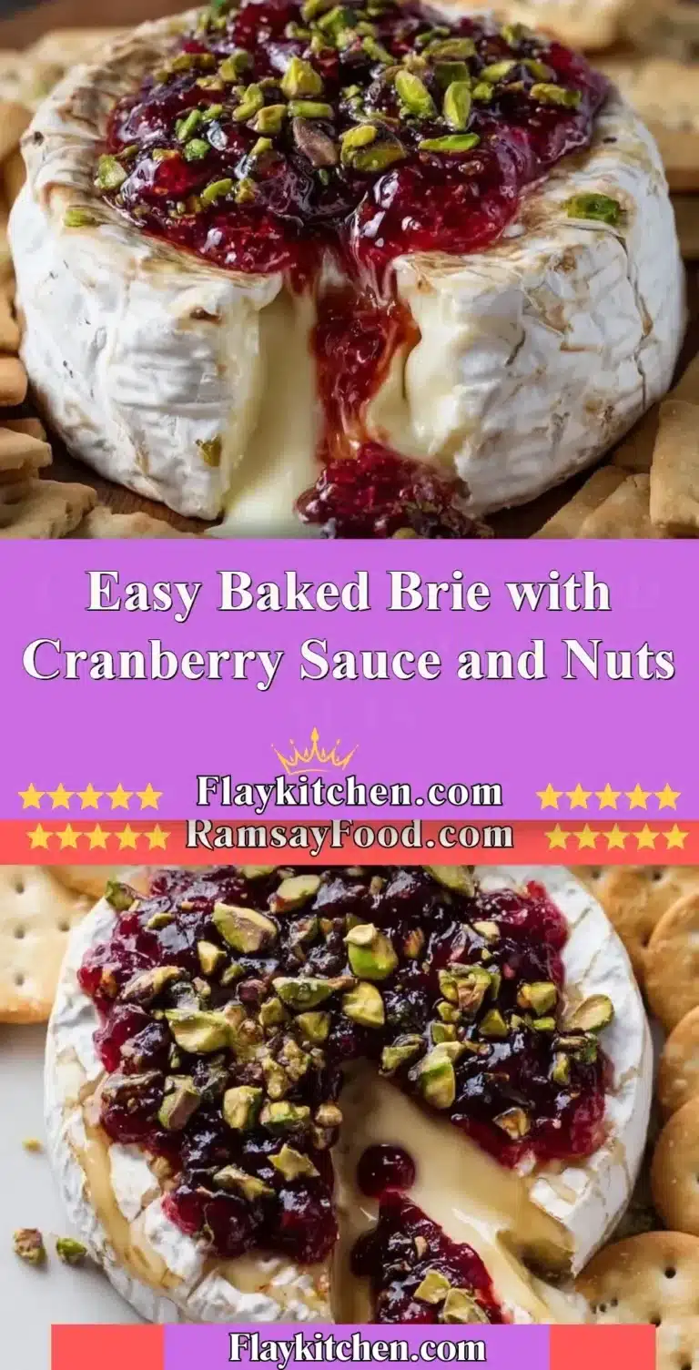 Easy baked brie with cranberry sauce and nuts on a serving platter