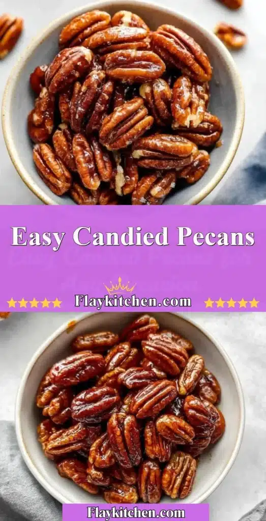 Bowl of easy homemade candied pecans, a sweet crunchy snack.