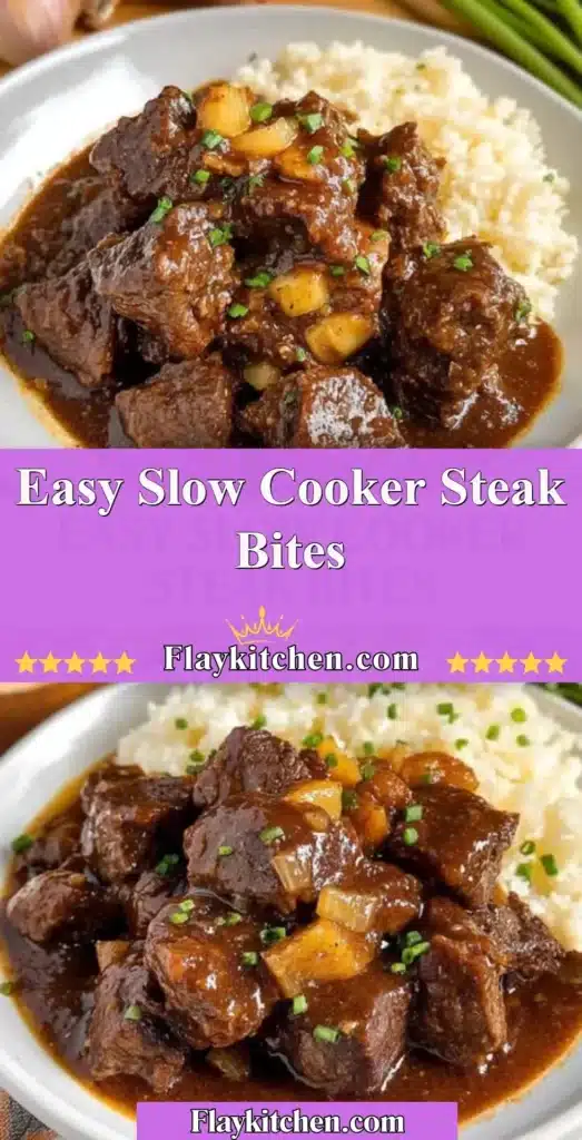 Tender slow cooker steak bites served on a plate with herbs.
