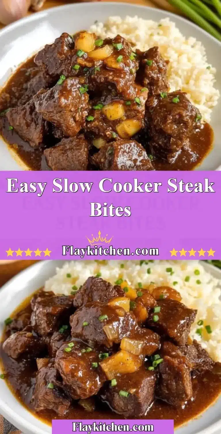 Tender slow cooker steak bites served on a plate with herbs.