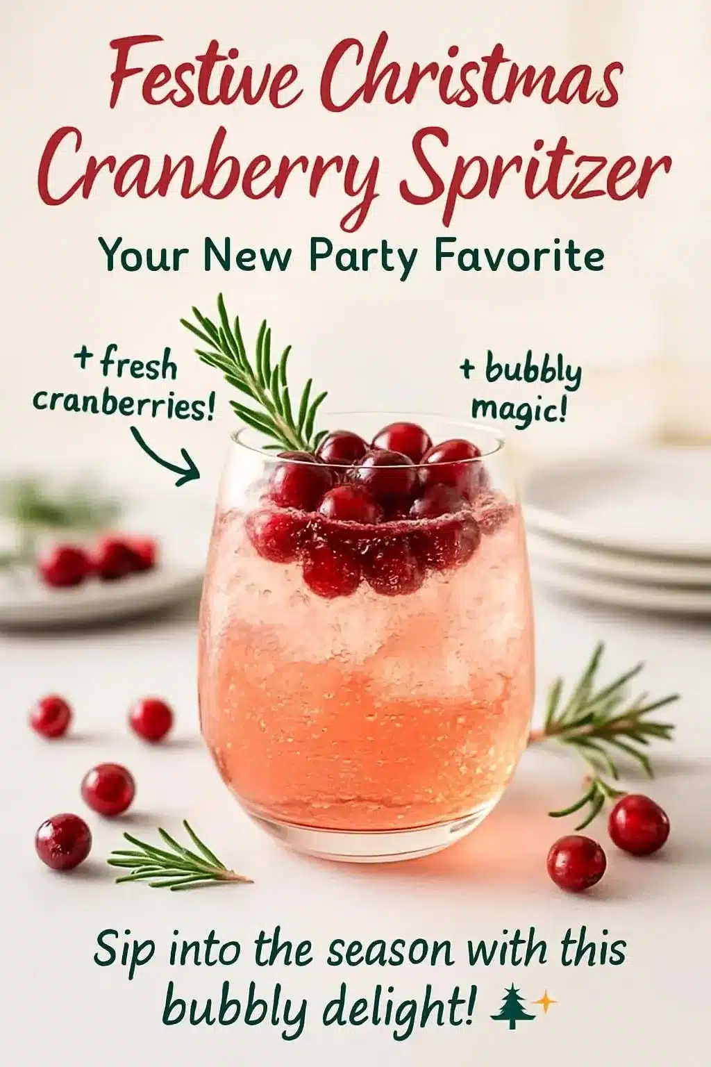 Glass of festive Christmas Cranberry Spritzer garnished with cranberries and mint.