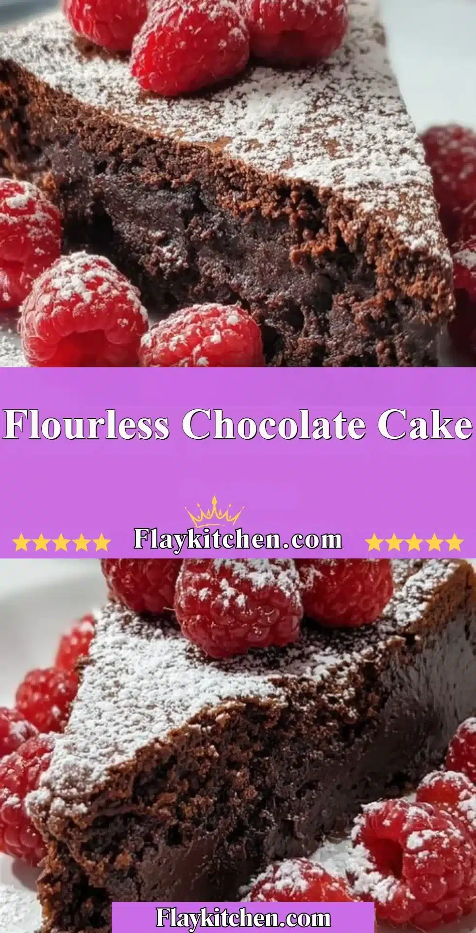 Delicious Flourless Chocolate Cake topped with chocolate ganache and fresh berries