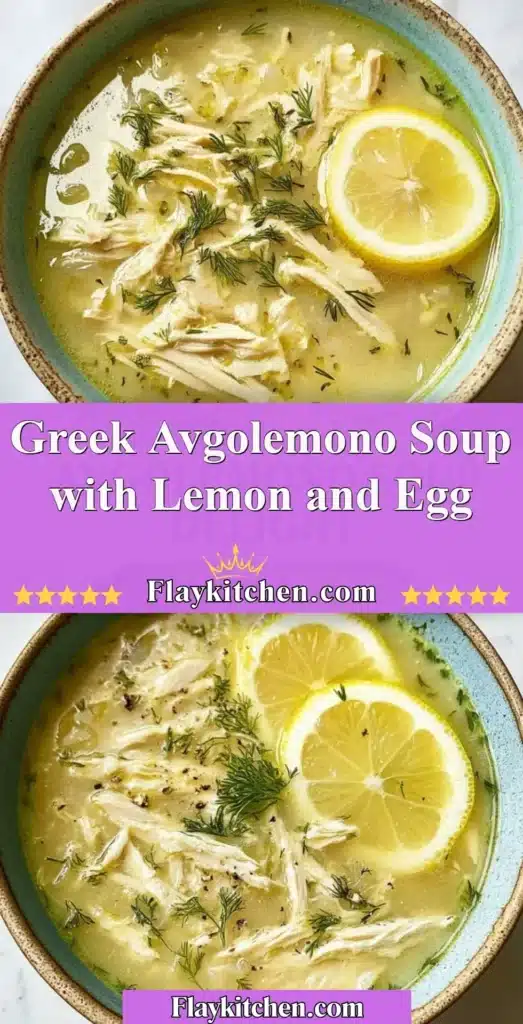 Bowl of Greek Avgolemono Soup garnished with lemon and herbs