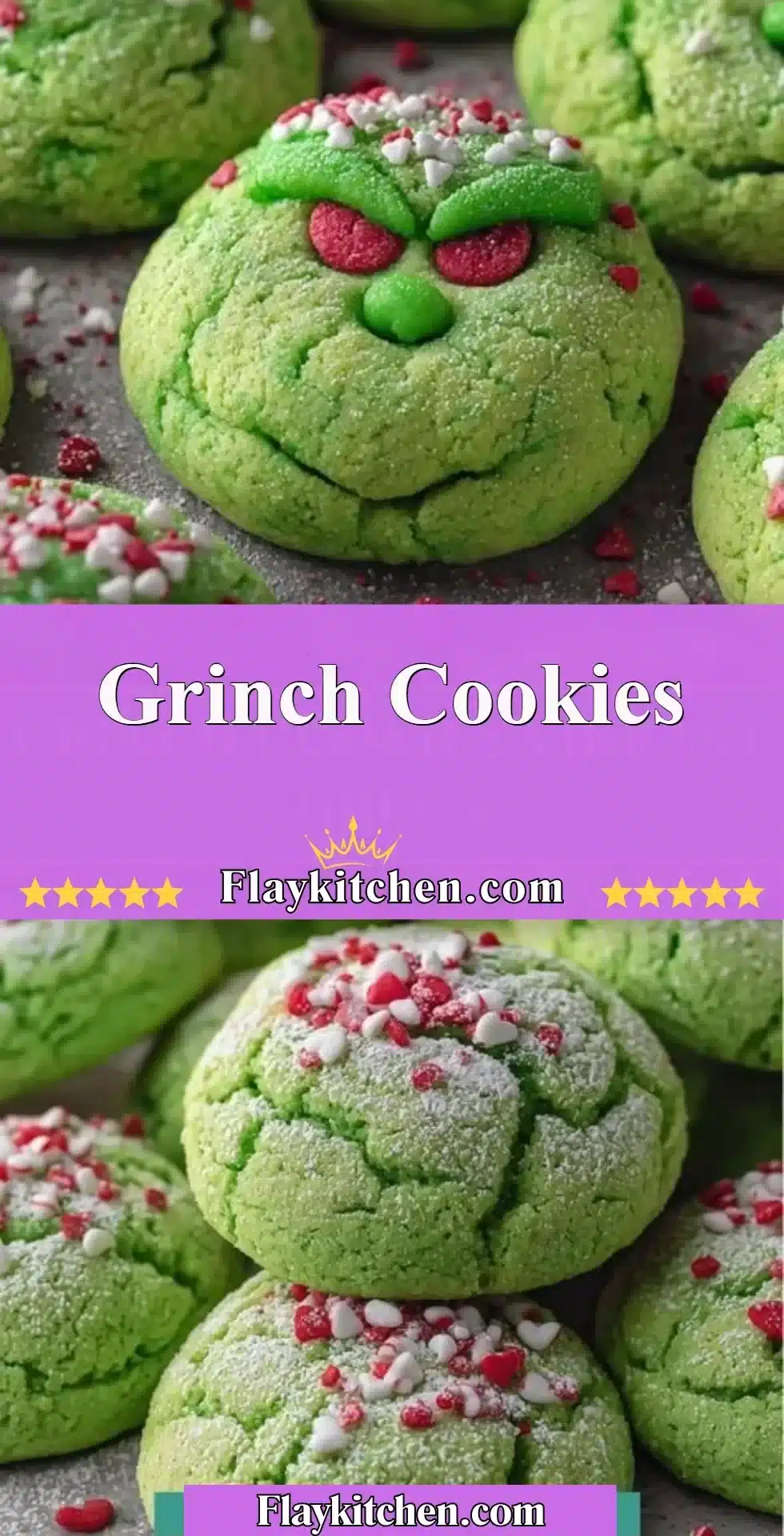 Festive Grinch Cookies decorated for Christmas holiday celebration