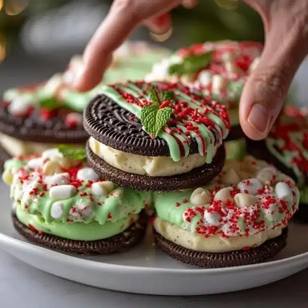 Festive Grinch Oreo holiday treats with creamy filling and festive decorations