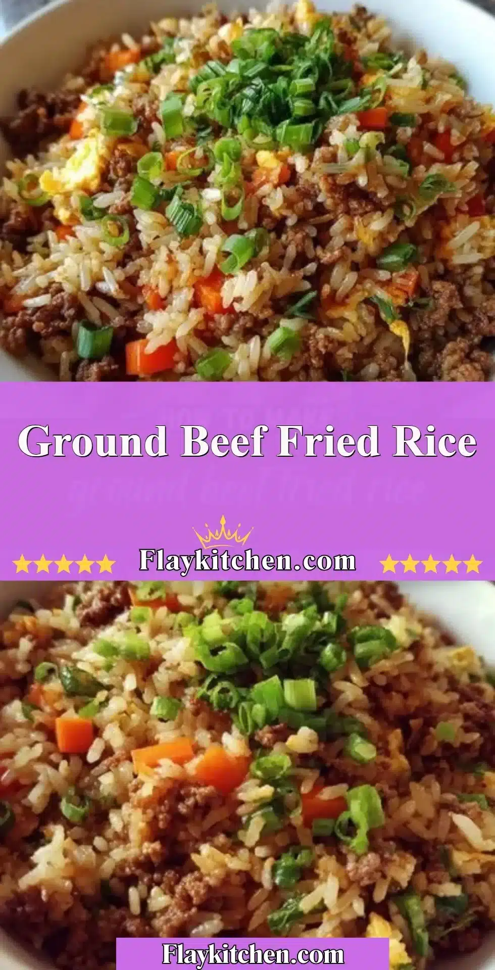 Plate of savory ground beef fried rice with colorful vegetables