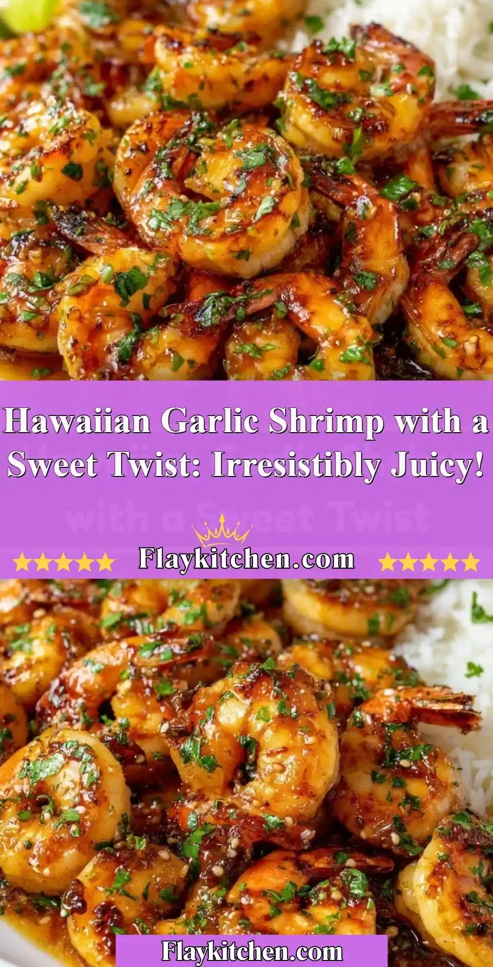Delicious Hawaiian Garlic Shrimp served with a sweet glaze and garnished.