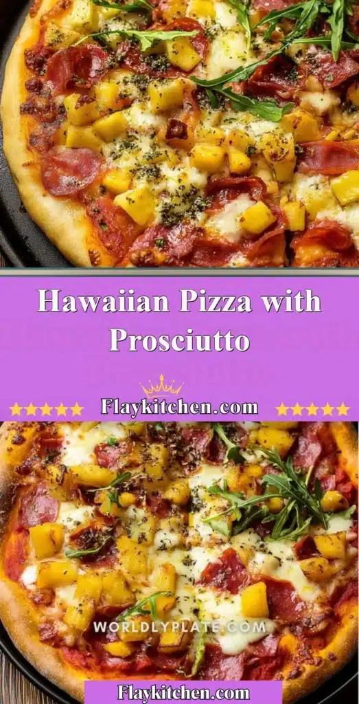 Delicious Hawaiian pizza topped with prosciutto and pineapple.