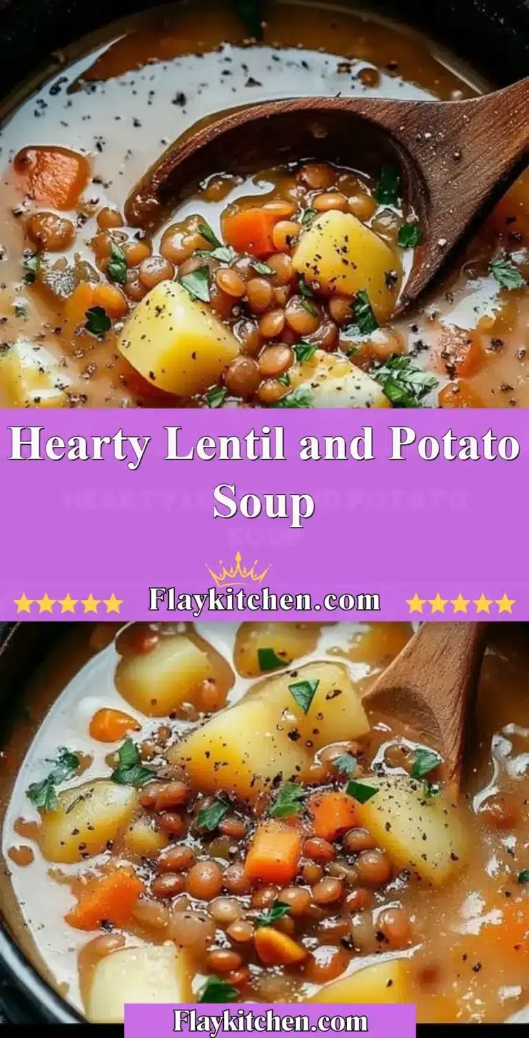 Bowl of hearty lentil and potato soup garnished with herbs